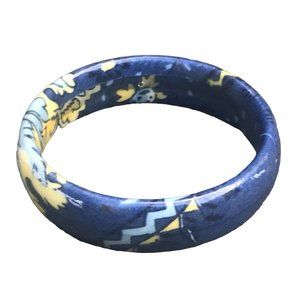 Blue and Yellow Floral Lucite Bangle Bracelet Encased Fabric